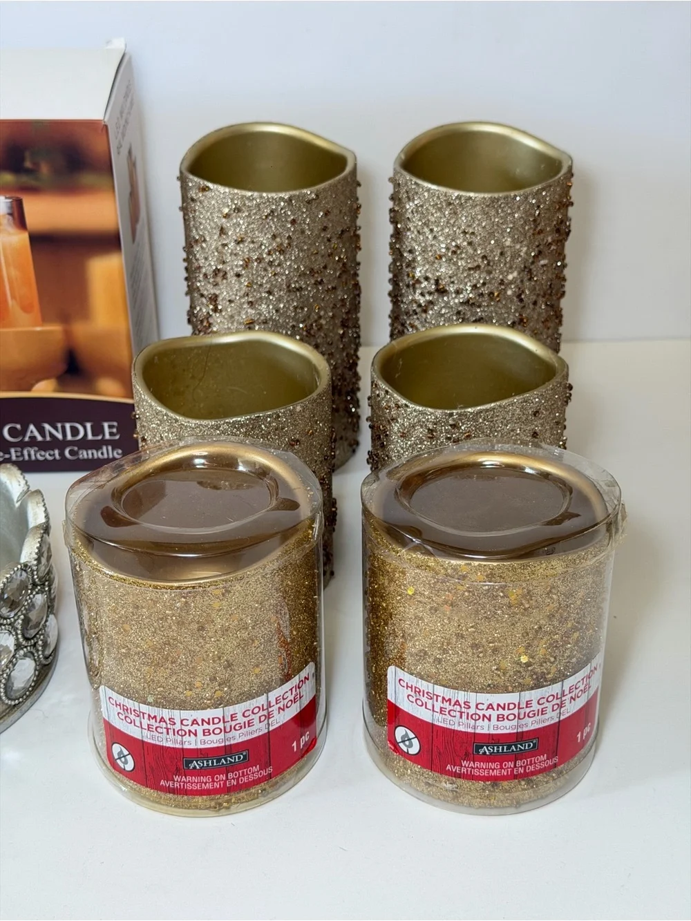 Holiday Decor Lot - 8 LED Flameless Candles and 2 Silver Crystal Holders